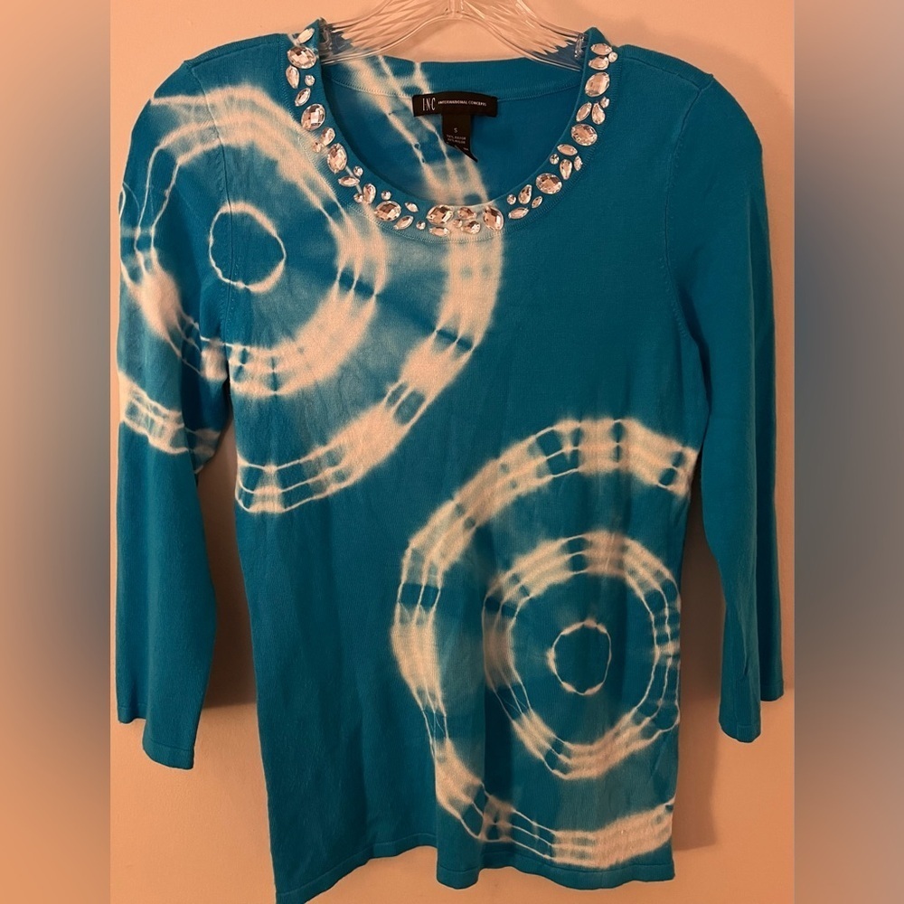 INC Women’s Turquoise Top, w/Bling Neckline 3/4 Sleeve Tie Dye Spirals; Size S